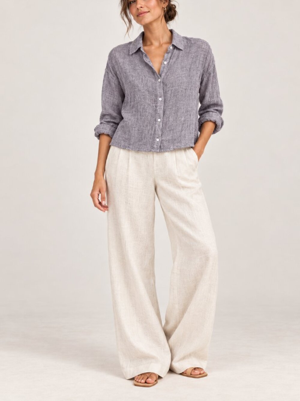Tahari Gray Textured Linen Button Front Boxy Shirt Size XL